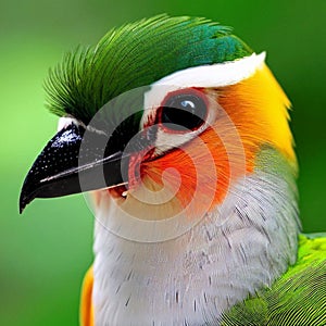 Adorable colorful exotic bird head close-up, orange, white and green feathers, ai Generated, generative AI, CGI graphics