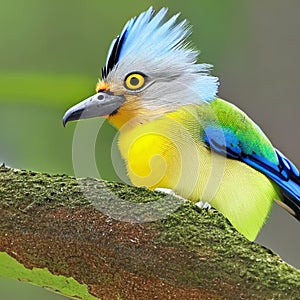 Adorable colorful exotic bird, yellow and green feater, bird with a tail on its head ai Generated, generative AI, CGI