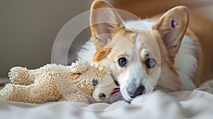 Adorable corgi dog brings owner favorite soft toy for playful interaction and fun bonding time