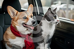 Adorable corgi dog and cat enjoy car ride together, creating heartwarming moment