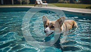 Adorable Corgi gracefully gliding through the clear blue waters of the pool with utter delight