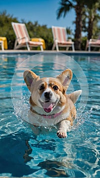 Adorable Corgi gracefully gliding through the clear blue waters of the pool with utter delight