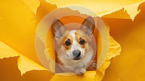 adorable Corgi playfully peers through a paper wall, its vibrant yellow hue contrasting against the dog\'s fluffy fur