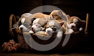 Adorable corgi puppies snuggle together sleeping