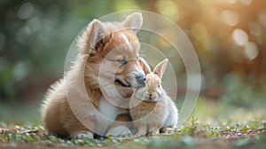 Adorable corgi puppy with baby rabbit in the garden