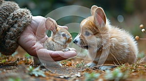 Adorable corgi puppy looking and sniffing a baby rabbit in human\'s hand