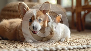 Adorable corgi puppy with white baby rabbit on the carpet at home