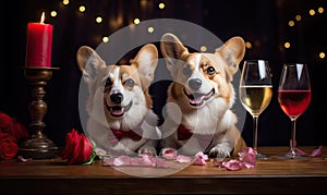 Adorable corgis in bow ties enjoy a Valentine\'s date