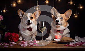 Adorable corgis in bow ties enjoy a Valentine\'s date. AI generative