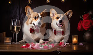 Adorable corgis in bow ties enjoy a Valentine\'s date. AI generative