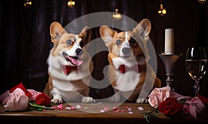 Adorable corgis in bow ties enjoy a Valentine\'s date. AI generative