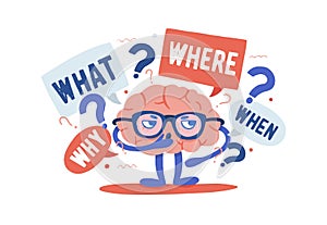 Adorable curious human brain with glasses solving riddles surrounded by questions and interrogation points. Cartoon photo