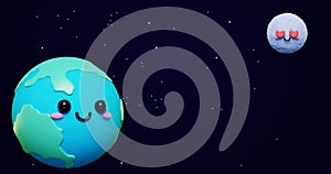 Adorable and Cute 3d Cartoon planet Earth and Moon on space stars background.