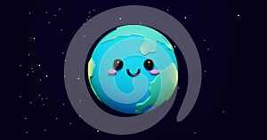 Adorable and Cute 3d Cartoon planet Earth on space stars background.