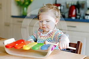 Adorable cute beautiful little baby girl playing with educational wooden music toy at home. Happy excited toddler child