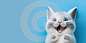 adorable cute cat smiling and isolated on blue background with copy space generative ai