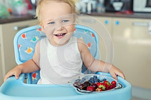 Adorable cute caucasian blond toddler boy enjoy tasting different seasonal fresh ripe organic berries sitting in highchair at home