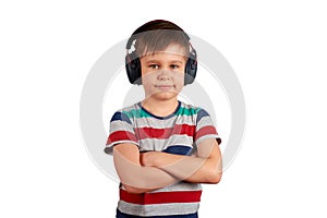 Adorable cute child enjoying favorite songs using wireless headphones. isolated on white background. Leisure, music and