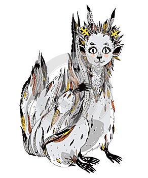 Adorable cute forest fox spirit - wild monster Kitsune with many tails.