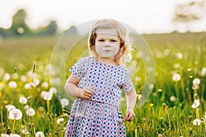 Adorable cute little baby girl blowing on a dandelion flower on the nature in the summer. Happy healthy beautiful