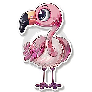 Adorable cute pink flamingo sticker in cartoon vector style illustration