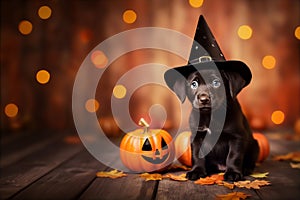 Adorable Cute Puppy Dog Halloween Witch Hat Autumn Background