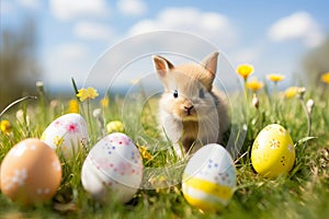 Adorable Cute Rabbit with Colorful Easter Eggs on Lush Green Grass in Spring, Blurred Background