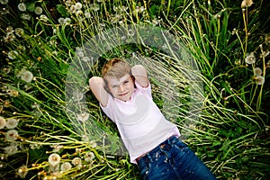 Adorable cute school boy laying on grass on a dandelion flower field the nature in the summer. Happy healthy beautiful