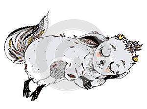 Adorable cute sleeping baby forest fox spirit - wild monster Kitsune.