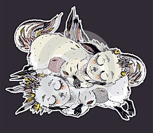 Adorable cute sleeping baby forest fox spirits - wild monster Kitsune.