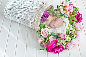 Adorable cute sweet sleeping baby girl in white basket with flowers on wooden floor