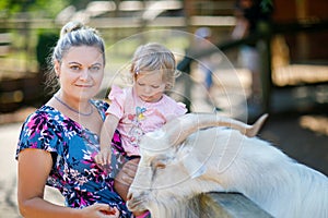 Adorable cute toddler girl and young mother feeding little goats and sheeps on kids farm. Beautiful baby child petting