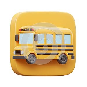 Adorable 3D Render of a Yellow School Bus Icon on a Square Button, Perfect for Educational Apps or Websites photo