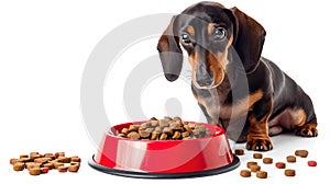 Adorable Dachshund puppy sitting by a full bowl of dog food. Pet nutrition concept in studio setting. Perfect for pet