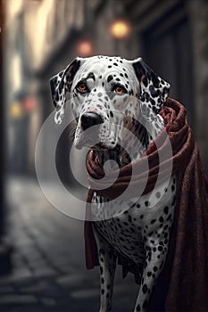 an adorable dalmatian sitting in an alley way in the night