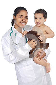 Adorable doctor with a baby in her arms