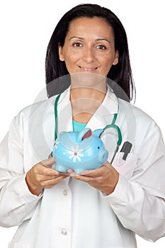 Adorable doctor with money-box