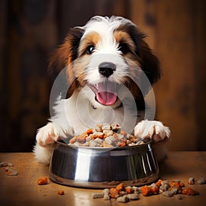 Adorable Dog with Bowl of Kibble Dinner
