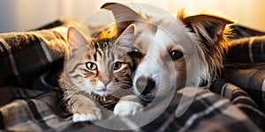 Adorable Dog and Cat Sitting Together Image of Domestic Animals