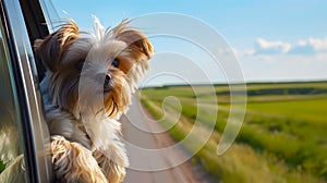 Adorable Dog Enjoying a Car Ride on a Sunny Day, Feeling the Breeze. Perfect for Pet Lovers and Travel Themes. Captured