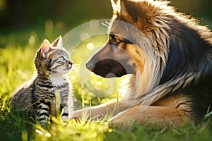 Adorable dog German shepherd and cat together