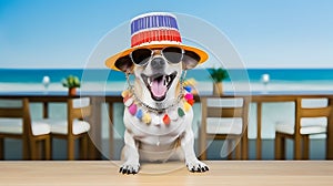 Adorable dog with mexican hat and sunglasses at the beach. Cinco De Mayo