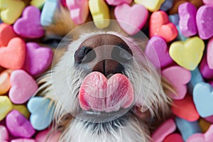 adorable dog peeking out from behind a pile of colorful candy conversation hearts. created with Generative AI technology