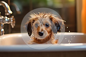 Adorable Dog\'s Bath Time Adventure. Heartwarming moment of a cute dog happily taking a bath. Ai generated