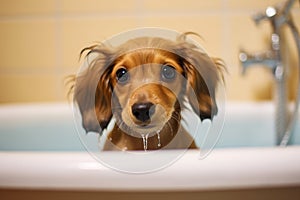 Adorable Dog\'s Bath Time Adventure. Heartwarming moment of a cute dog happily taking a bath. Ai generated