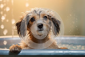 Adorable Dog\'s Bath Time Adventure. Heartwarming moment of a cute dog happily taking a bath. Ai generated