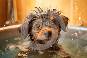 Adorable Dog\'s Bath Time Adventure. Heartwarming moment of a cute dog happily taking a bath. Ai generated