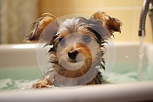 Adorable Dog\'s Bath Time Adventure. Heartwarming moment of a cute dog happily taking a bath. Ai generated