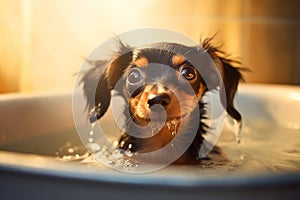 Adorable Dog\'s Bath Time Adventure. Heartwarming moment of a cute dog happily taking a bath. Ai generated