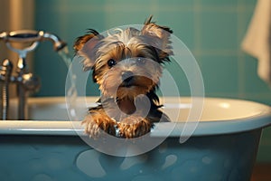 Adorable Dog\'s Bath Time Adventure. Heartwarming moment of a cute dog happily taking a bath. Ai generated